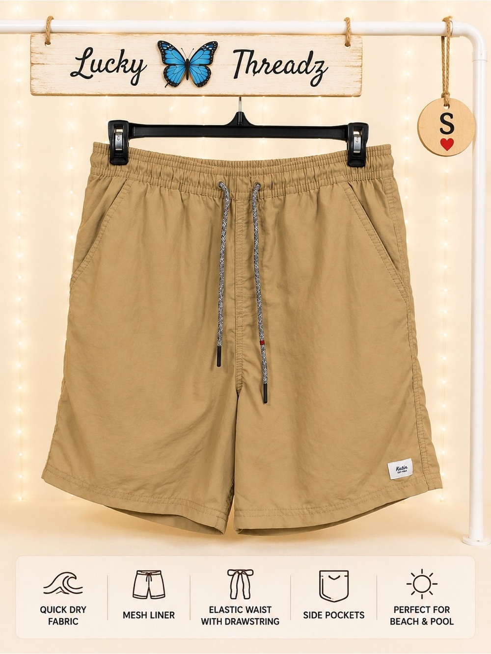 Katin Tan Elastic-Waist Hybrid Shorts with Drawstring